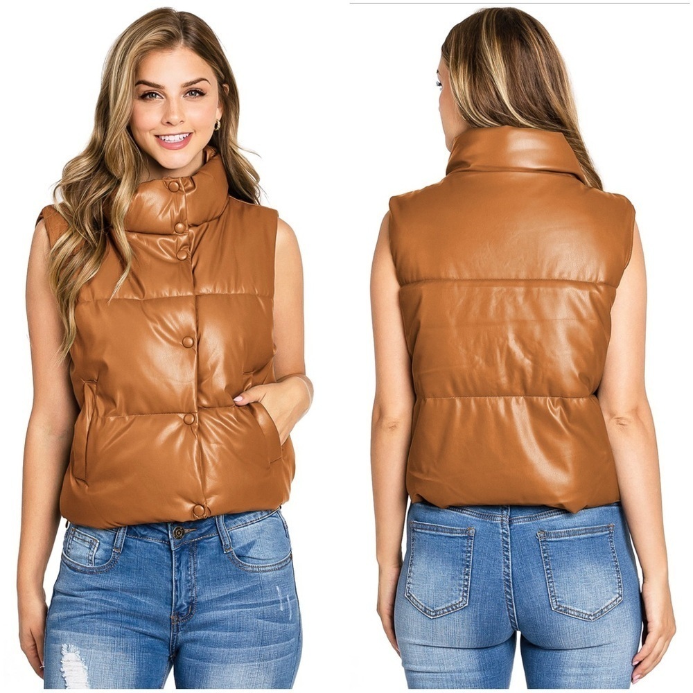 Love Tree Faux Leather Zip Up Adjustable Waist Tan Puffer Vest Size Large